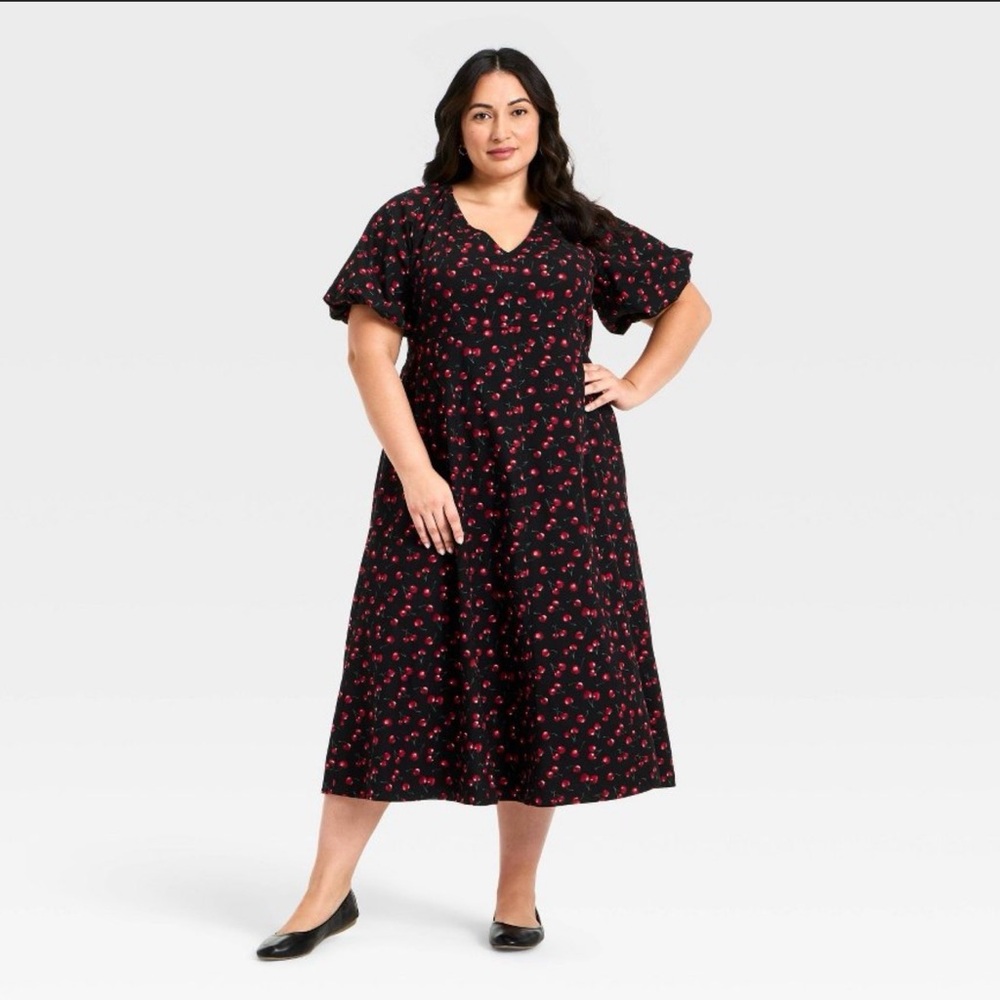 Women’s Black/Cherry Puff Short Sleeve Maxi Empire Waist Dress - Ava & Viv